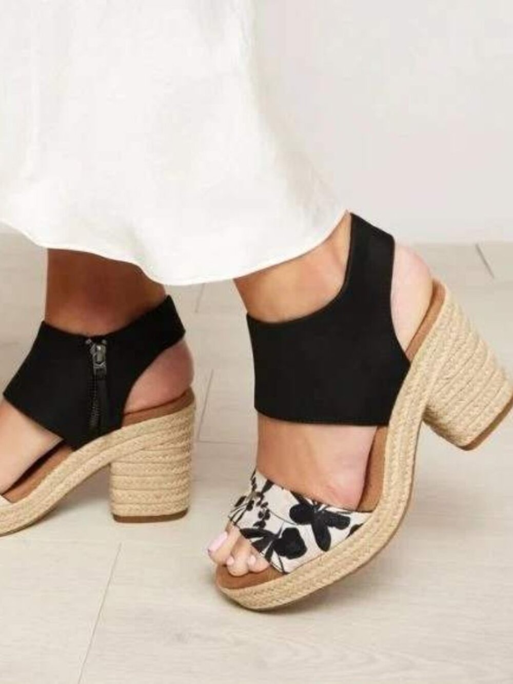 NEW Toms Majorca Rope Platform Sandals Sz 9 Black Tan Watercolor Floral